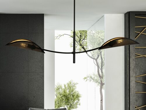 Plafondlamp Luser zwart Ø12 cm met 2 E14 fittingen en warme goudkleurige lampenkappen