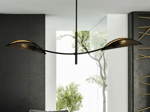 Plafondlamp Luser zwart Ø12 cm met 2 E14 fittingen en warme goudkleurige lampenkappen