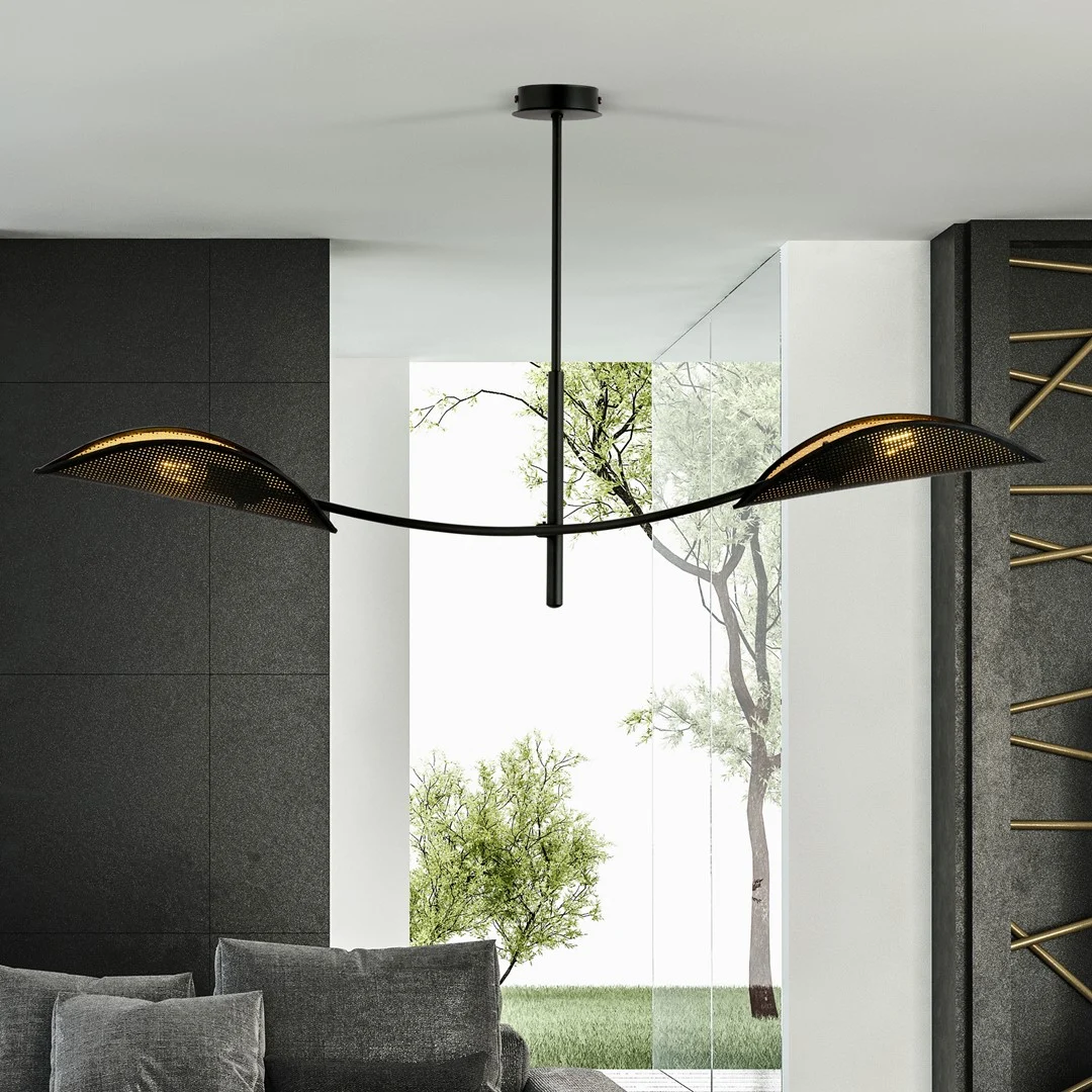 Plafondlamp Luser zwart Ø12 cm met 2 E14 fittingen en warme goudkleurige lampenkappen
