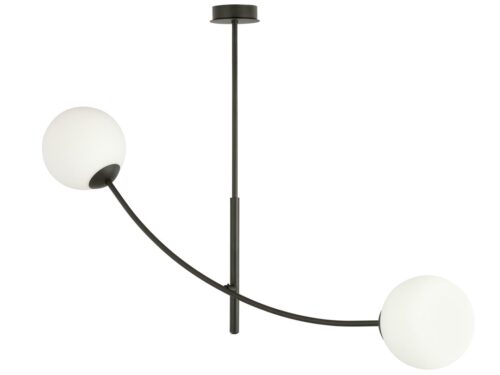 Plafondlamp Skelvon zwart Ø15 cm met twee witte glazen kappen en slank gebogen armaturex