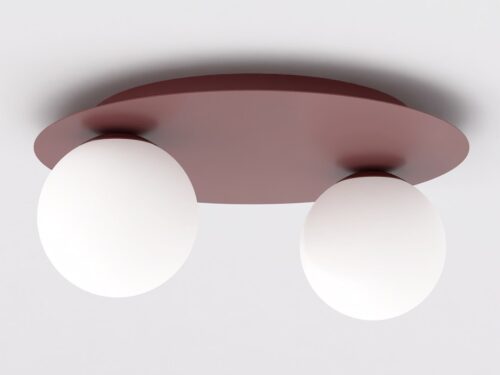 Plafondlamp Staurrira Bordeaux Ø14 cm met twee witte glazen kappen en compacte ronde vorm