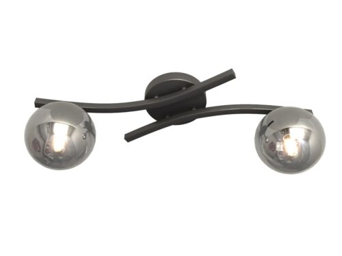 Plafondlamp Kooldand zwart Ø15 cm met twee rookglas bollen en modern gebogen armatuur