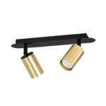 Plafondlamp Funesta zwart met twee goudkleurige GU10-spots en verstelbare lichtbundels