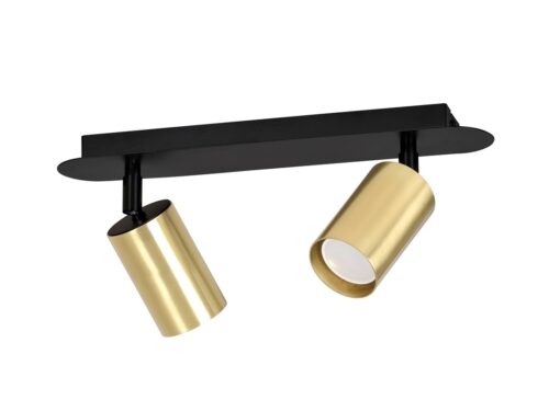 Plafondlamp Funesta zwart met twee goudkleurige GU10-spots en verstelbare lichtbundels