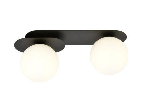 Plafondlamp Lukesta zwart Ø15 cm met 2 witte glazen kappen en dubbele fitting