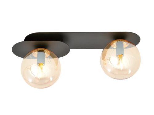 Plafondlamp Teinond zwart Ø14 cm met 2 amberglazen kappen en warme lichtverdeling