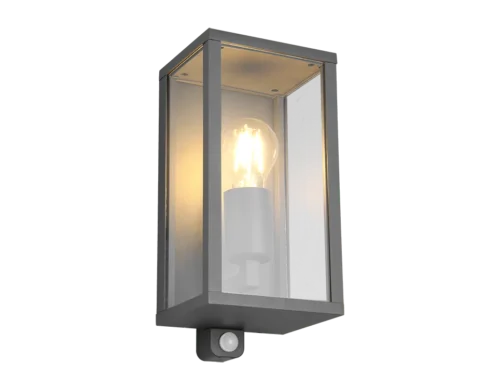 Wandlamp Prunsine antraciet met helder glas en bewegingssensor, modern buitenmodel voor tuinmuur