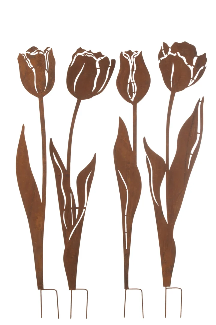 Kunstbloem Leku Metaal Bruin set van 4 met roestlook tulpen, hoge metalen tuinbloemen voor buitendecoratie