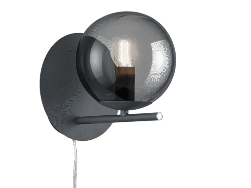 Wandlamp Brator antraciet met rookkleurig glas en snoerschakelaar, moderne ronde wandlamp