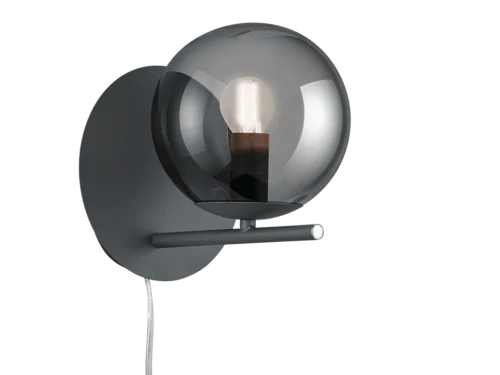 Wandlamp Brator antraciet met rookkleurig glas en snoerschakelaar, moderne ronde wandlamp