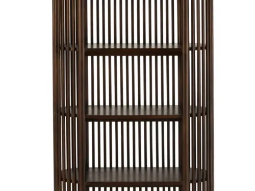 Rek Moosa mangohout 84 cm met vijf planken, donkerbruin en slank, voor woonaccessoires en boeken
