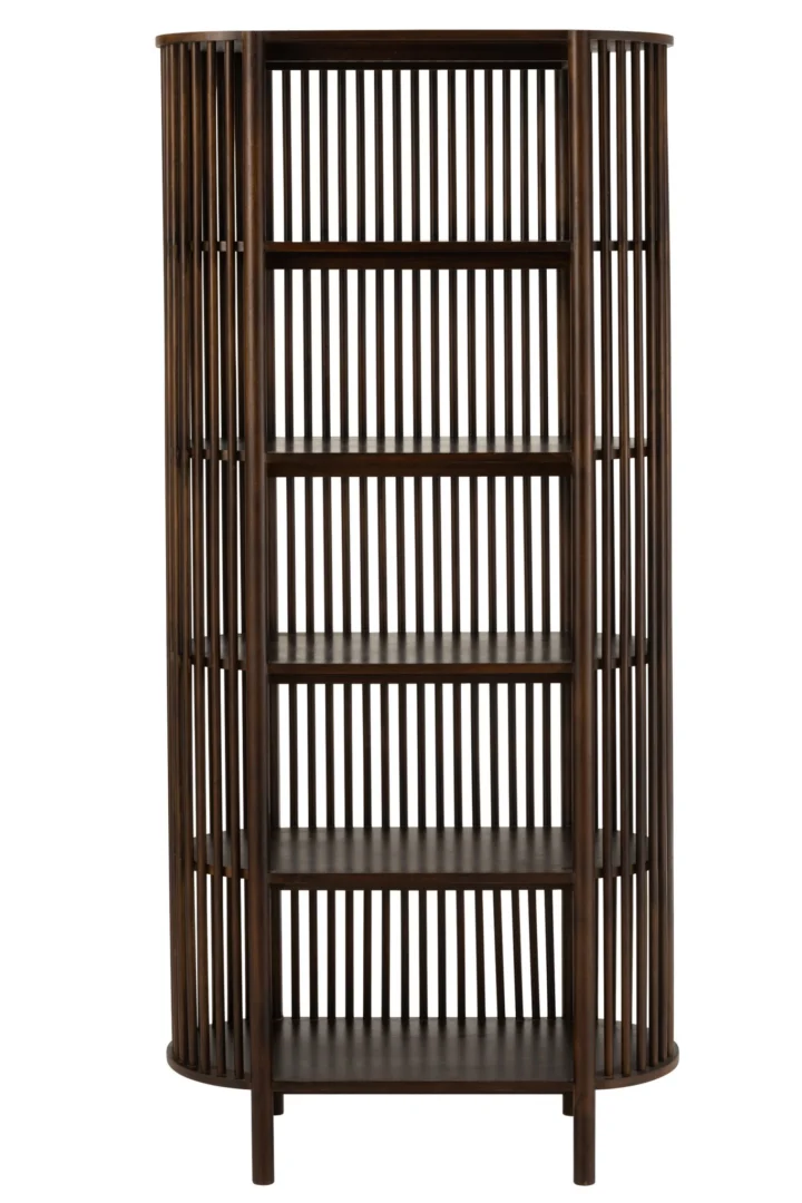 Rek Moosa mangohout 84 cm met vijf planken, donkerbruin en slank, voor woonaccessoires en boeken