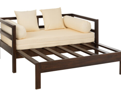 Slaapbank Slooltaro mangohout bruin met beige matras, 4 kussens en uitschuifbaar logeerbed