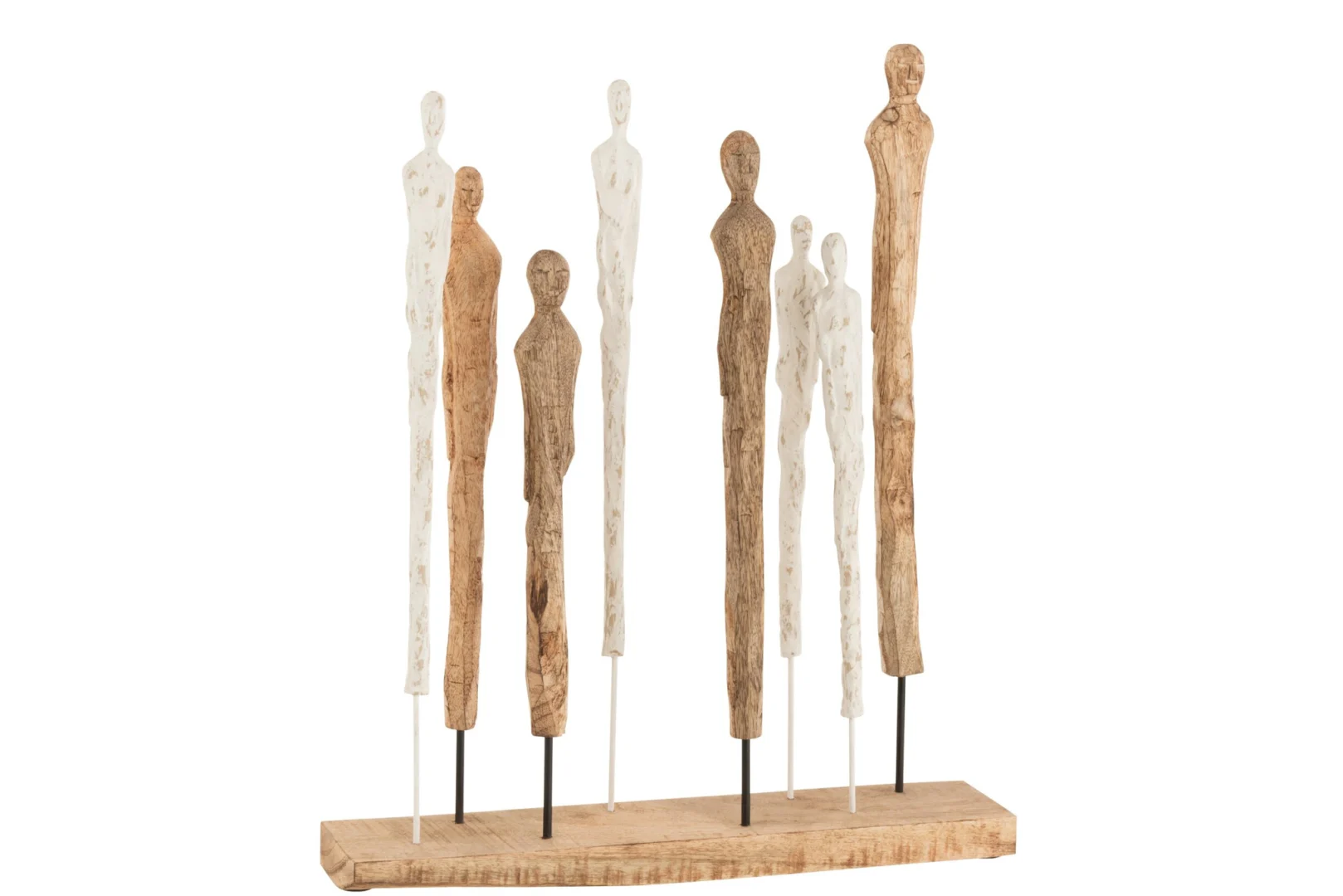 Beeld Preinsan van mangohout en ijzer in wit en naturel, slank silhouet op houten voet voor dressoir of wandplank