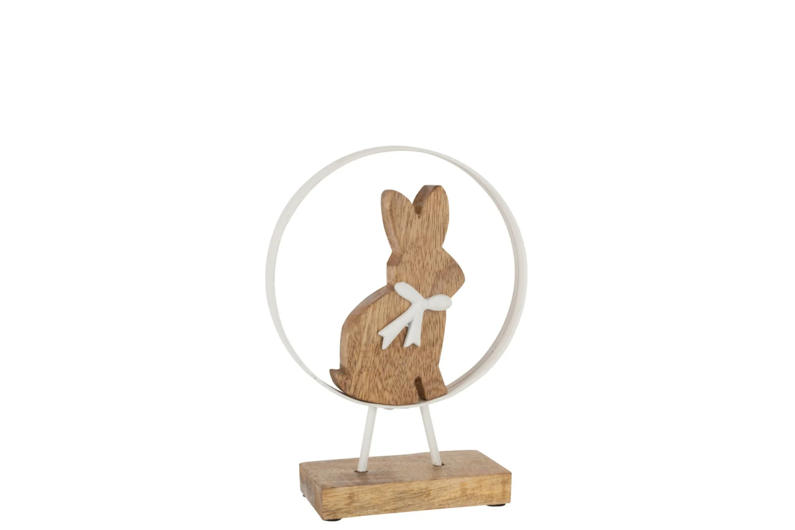 Traulino houten konijn met witte strik op wit metalen ring, op houten voet, H23,5 cm
