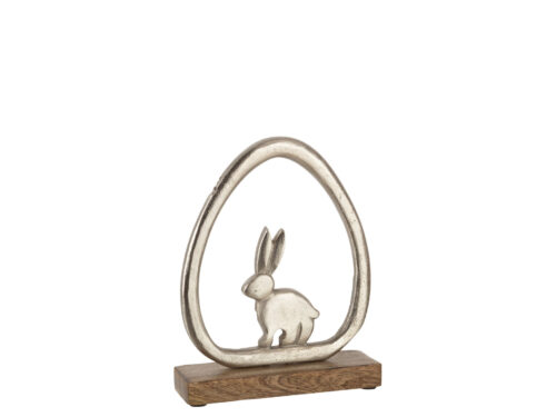 Decoratiefiguur Breelvik zilver aluminium met houten basis en konijn, 24 cm hoog