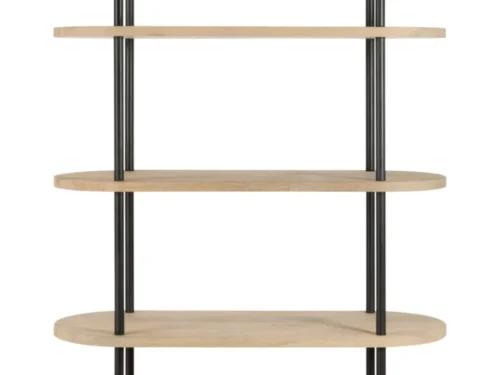 Rek Loband mangohout 105 cm met vijf planken en zwart stalen frame, open en stijlvol ontwerp