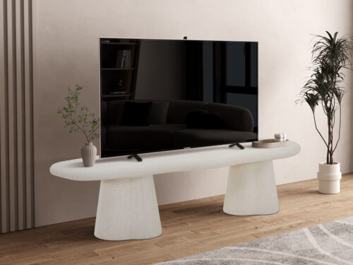 TV-meubel Traumea Beton 160 cm met betonlook, ovale vorm en stevige conische poten in een strakke woonkamer
