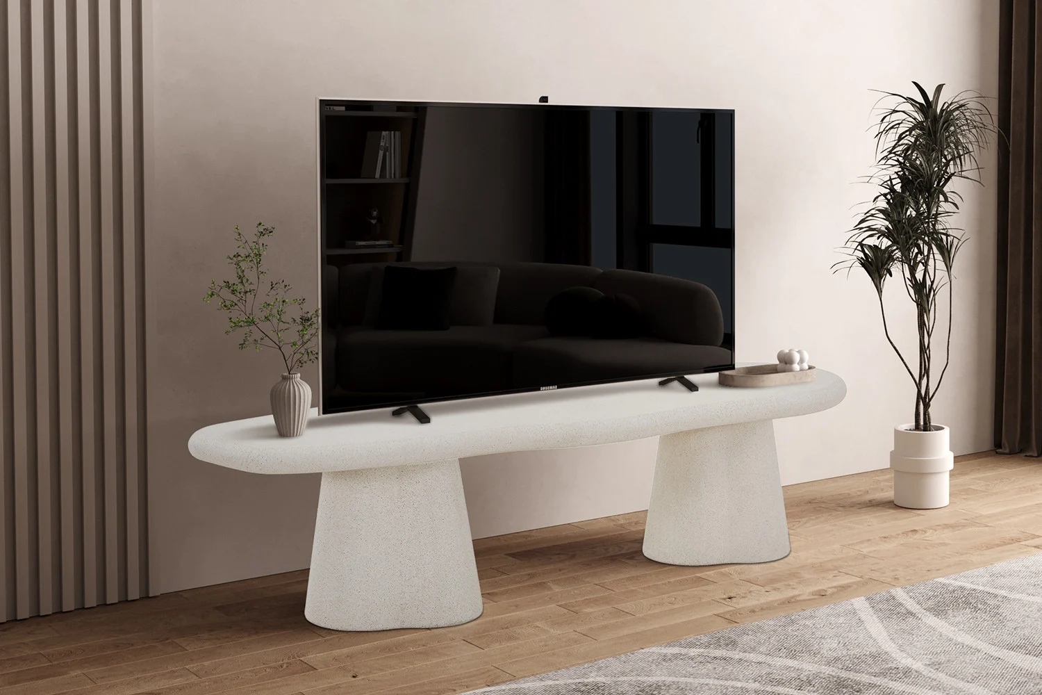 TV-meubel Traumea Beton 160 cm met betonlook, ovale vorm en stevige conische poten in een strakke woonkamer