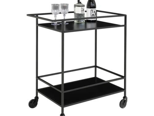 Barmeubel Ginder Zwart 68 cm, zwarte barwagen met 2 legplanken en wielen voor glazen en flessen