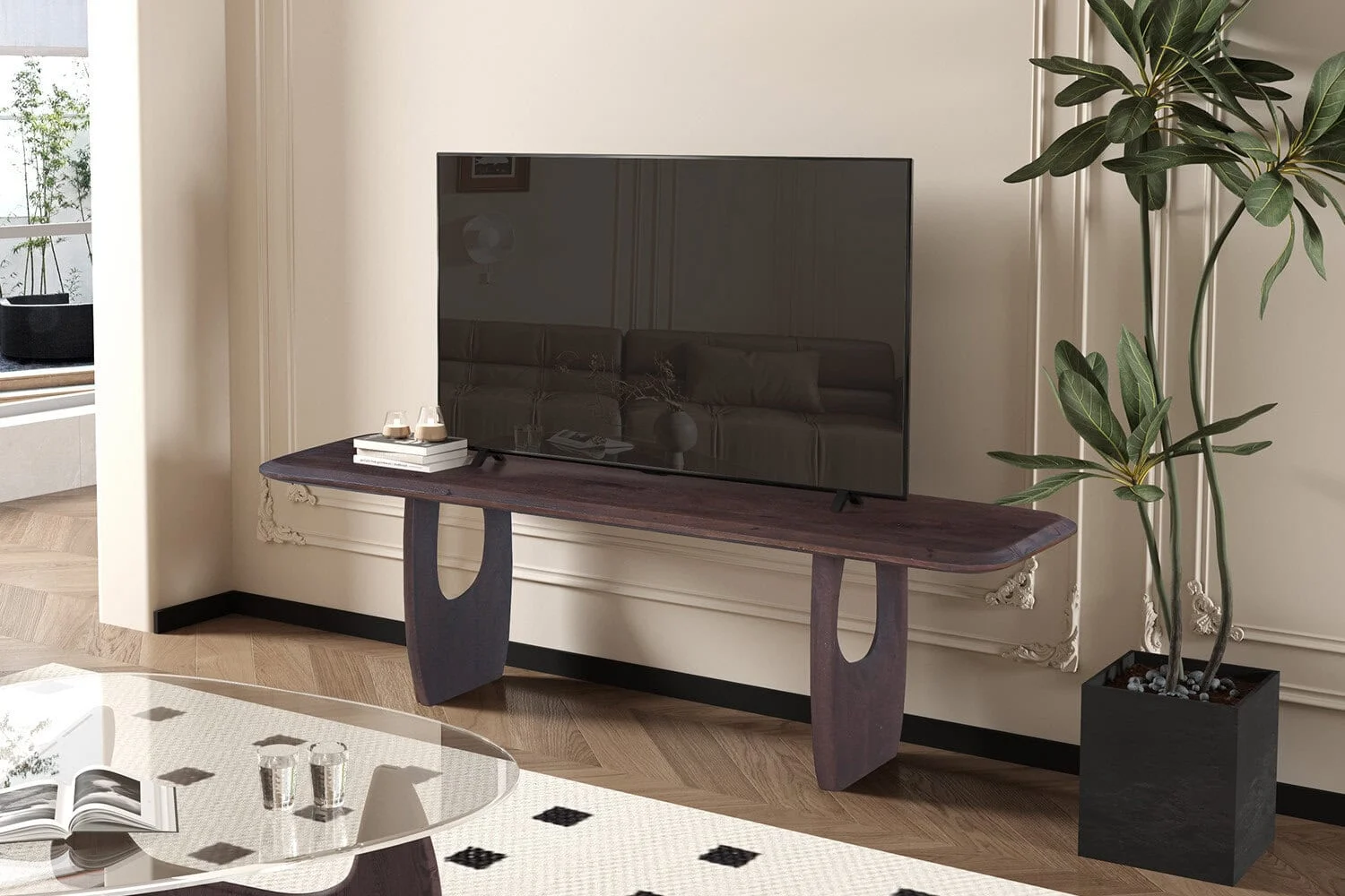 TV-meubel Caurden van mangohout 160 cm met warm, natuurlijk design en brede plank voor tv en accessoires