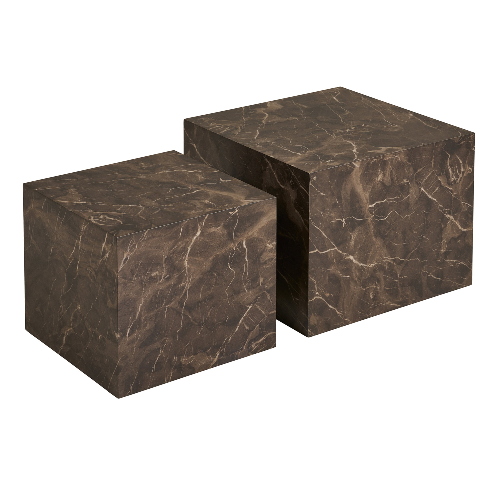 Salontafel Poossen set van 2 met bruine marmerlook, kubusvormige MDF tafels in verschillende formaten