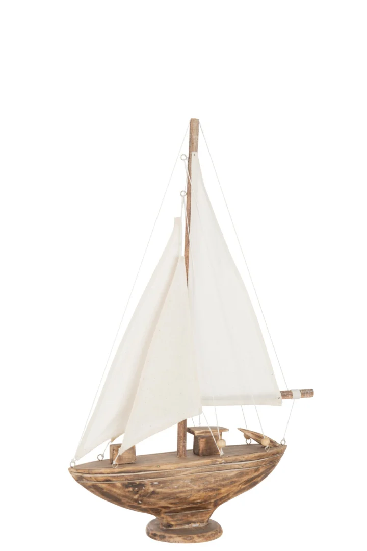 Modelschip Toonsi Albizia Naturel: naturel houten zeilboot met witte zeilen en slank decoratief design