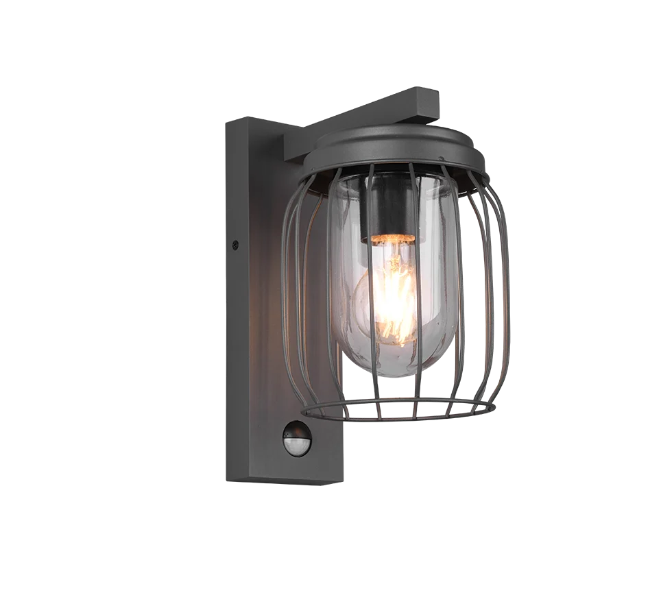 Wandlamp Ciedone antraciet met bewegingssensor, gegoten aluminium en helder glas, set van 3