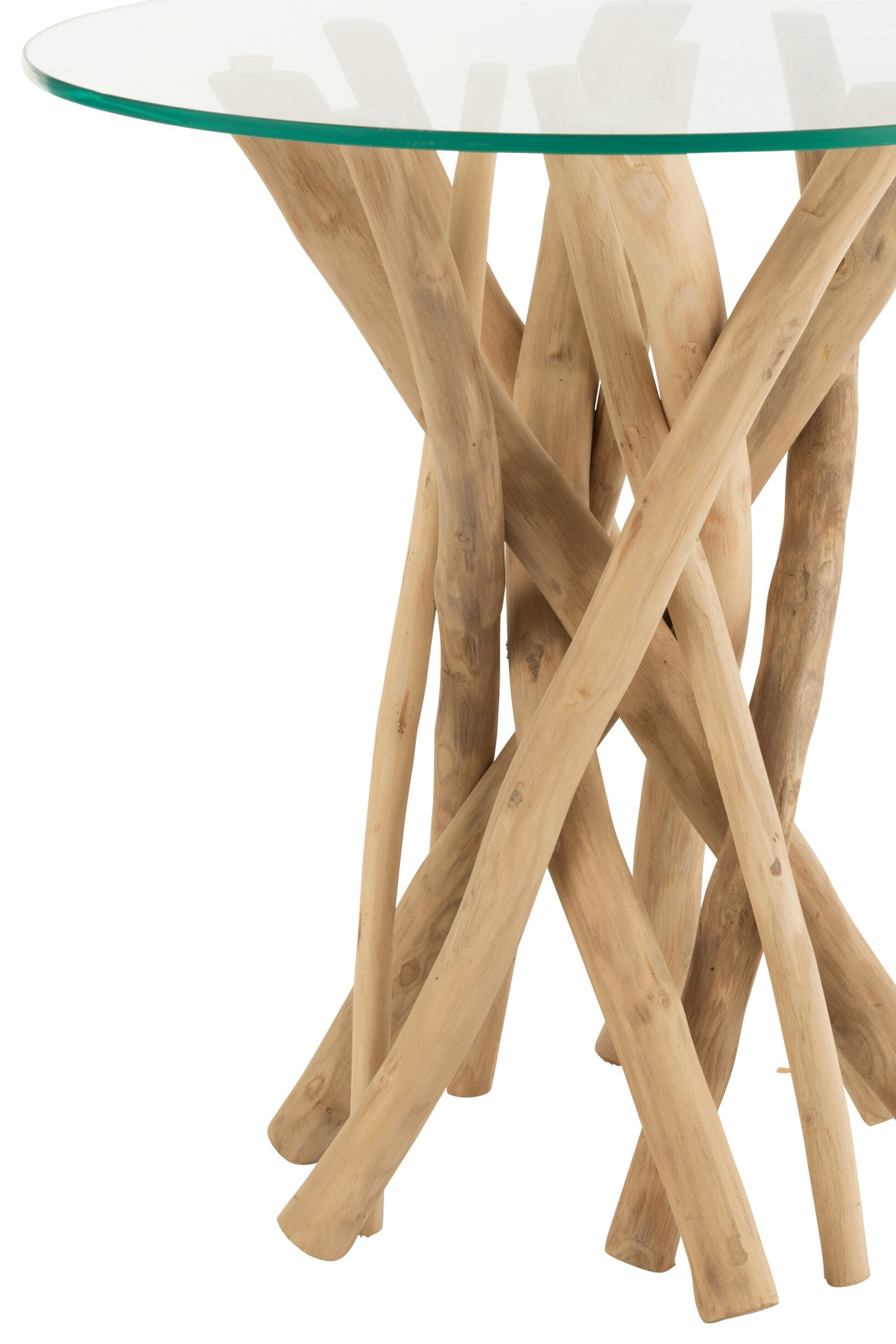 Bijzettafel Nubek van naturel teakhout met glazen blad en speelse takkenpoot, 50 cm compact formaat