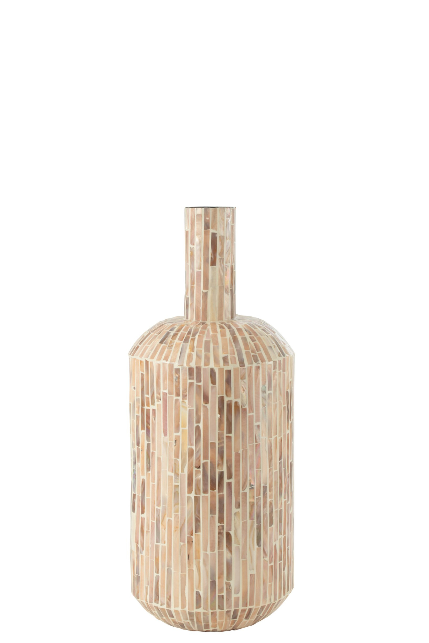 Vaas Flaakira papier beige met hoge, cilindervormige hals en natuurlijke schelpdetails, 51,5 cm