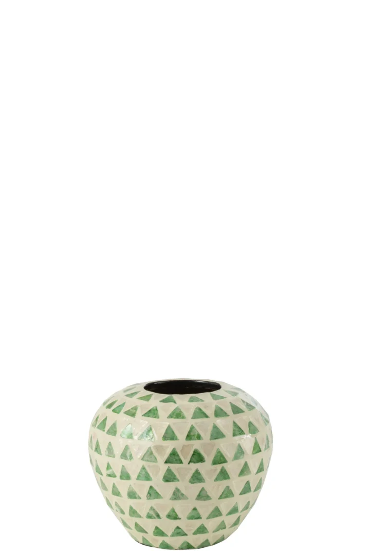 Vaas Paudona Bamboe Groen H22 cm met ronde vorm en groen-witte driehoekige schelpmotieftextuur
