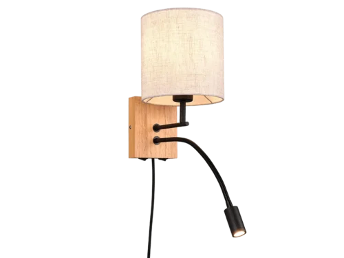 Wandlamp Garnia wit Ø18 cm met houten accenten, stoffen kap en flexibele LED-leesarm, set van 3