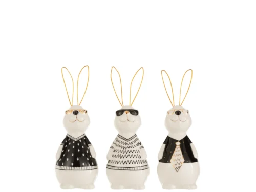 Veennun decoratiefiguren wit dolomiet, set van 3 konijnen met zwart-gouden details en lange oren