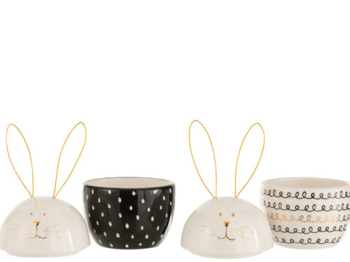 Voorraadpot Klostas Dolomiet Wit set van 2 met bunny-oren, zwart-witte en witte accenten