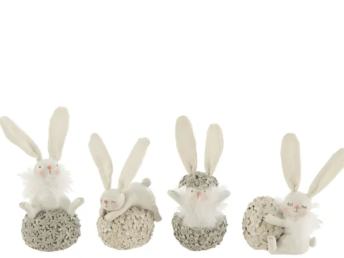 Grondu decoratiefiguren set van 4 grijze polyresin konijntjes, 14,5 cm hoog, met zachte details