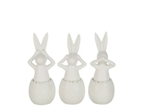 Set van 3 witte porseleinen konijnen, handen op oren, mond en ogen, in een rustige matte afwerking