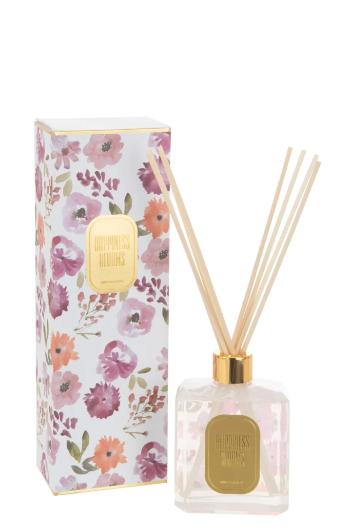Geurolie Zilona Meerkleurig met bloemenprint, glazen fles en geurstokjes in roze en goud, mimosa en roos
