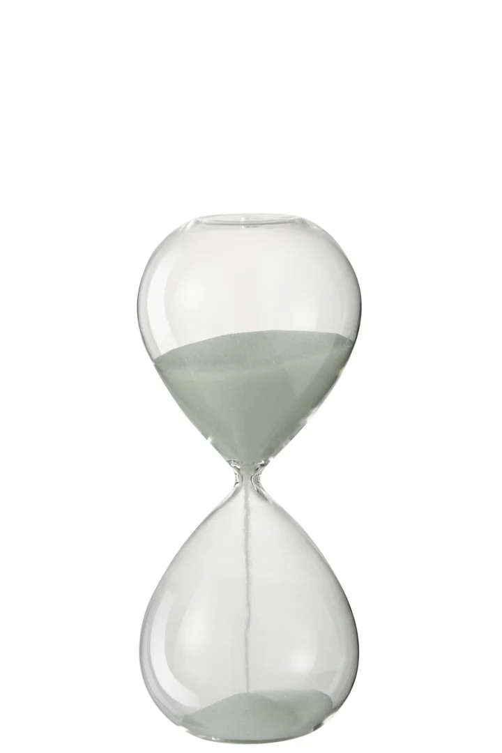 Zandloper Kleellino van wit glas met zand, slank decoratief woonaccessoire voor een rustig interieur
