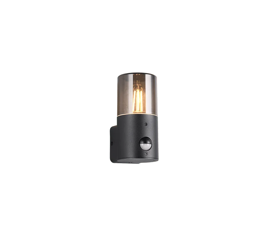 Peinund wandlamp mat zwart met bewegingssensor en cilindervormige kap, modern buitenontwerp