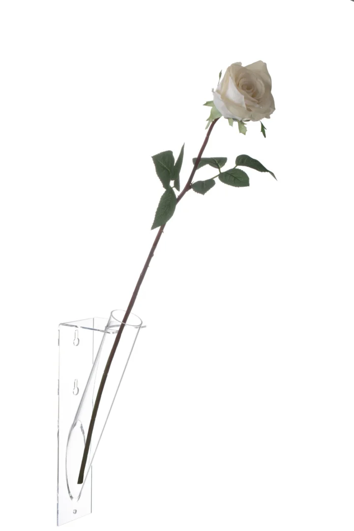 Bloemenhouder Kerno Acryl Transparant met slanke buis en witte roos, modern en licht design