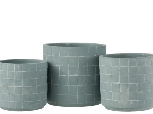 Set van drie blauwe keramische Vaarmone bloempotten met vierkant tegelpatroon en ronde vorm