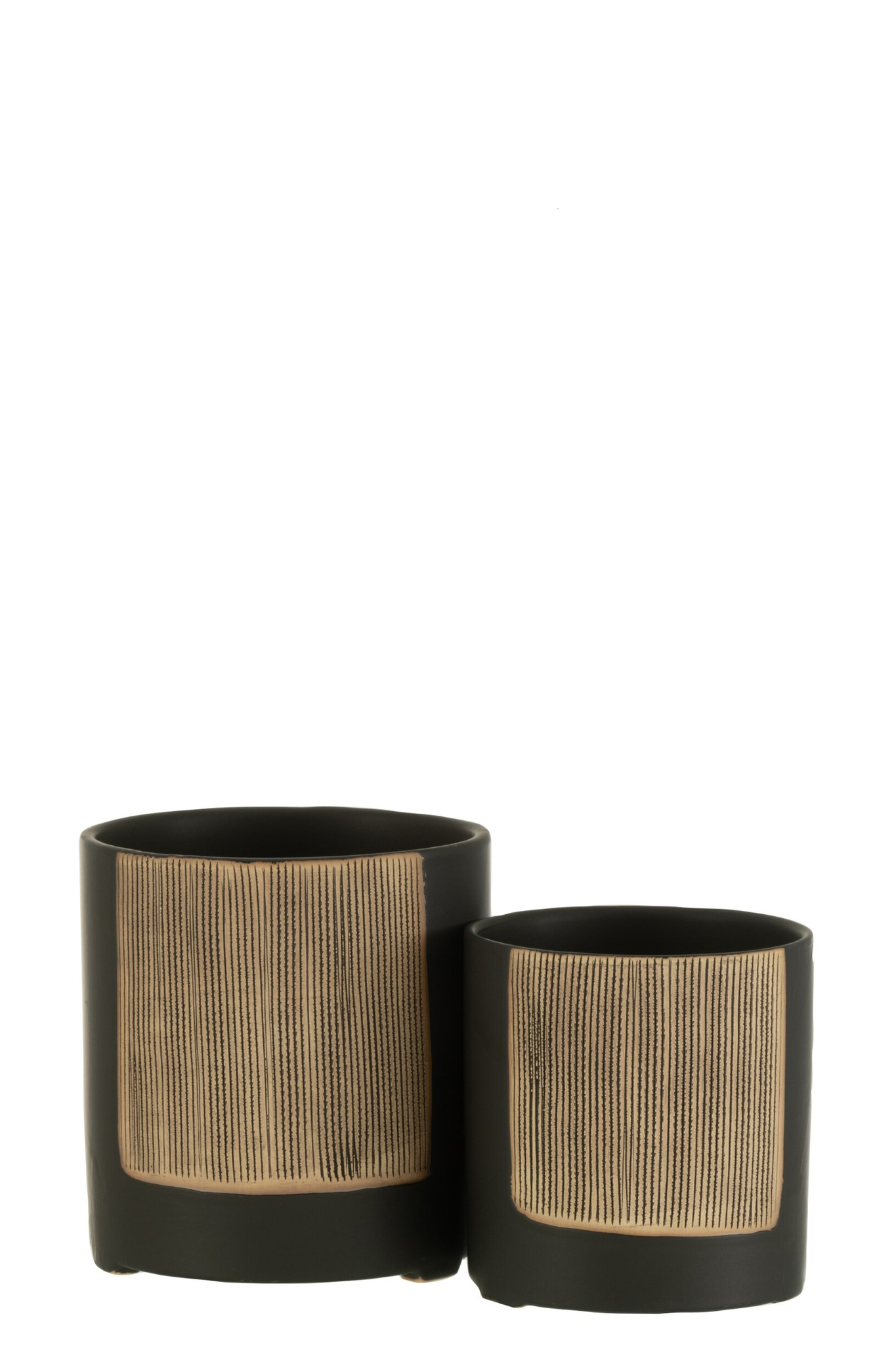 Bloempot Lannira zwart keramiek met beige reliëf, ronde vorm, set van twee maten in stijlvol design