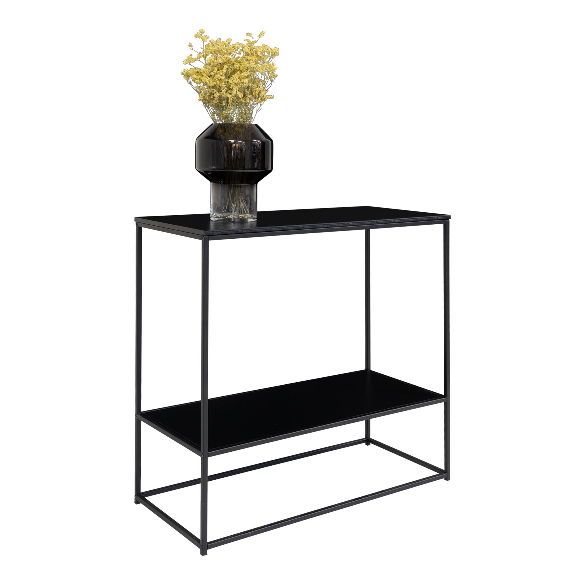 Sidetable Paakio Staal 80 cm zwart met strakke lijnen en twee planken, met vaas en droogbloemen bovenop