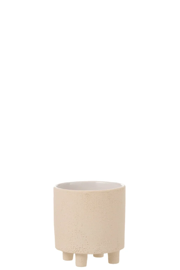 Beige bloempot Skaurnaro van klei met glazuur, elegante cilindervorm en pootjes, H16 cm