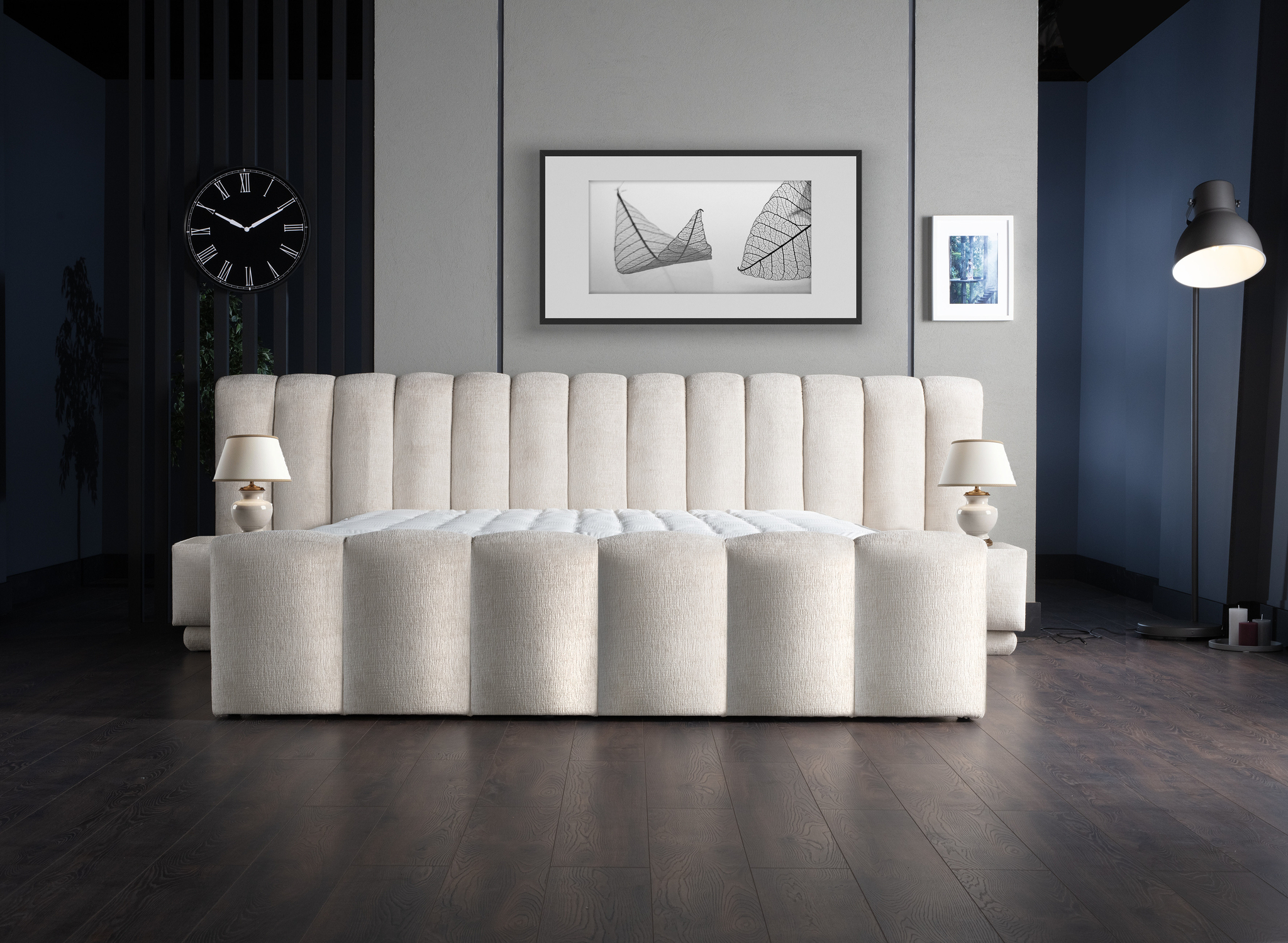 Boxspring Geemora Beige 180x200 in teddy bouclé, met hoog hoofdbord en gestoffeerd bedframe in rustige slaapkamerstijl
