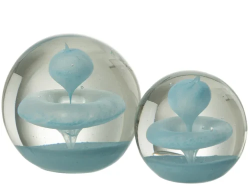 Wetsinge glas blauw presse-papier, twee ronde glazen objecten met lichtblauwe kern en rustige uitstraling