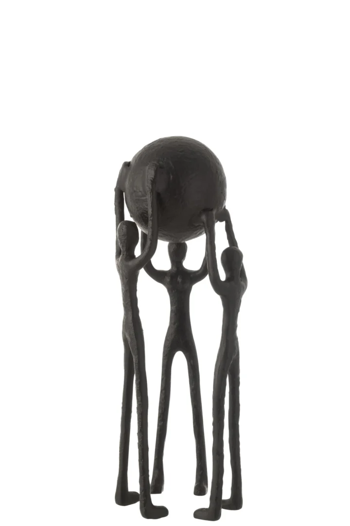 Beeld Sunea zwart aluminium met slanke figuren die een grote cirkel dragen, 46,5 cm hoog