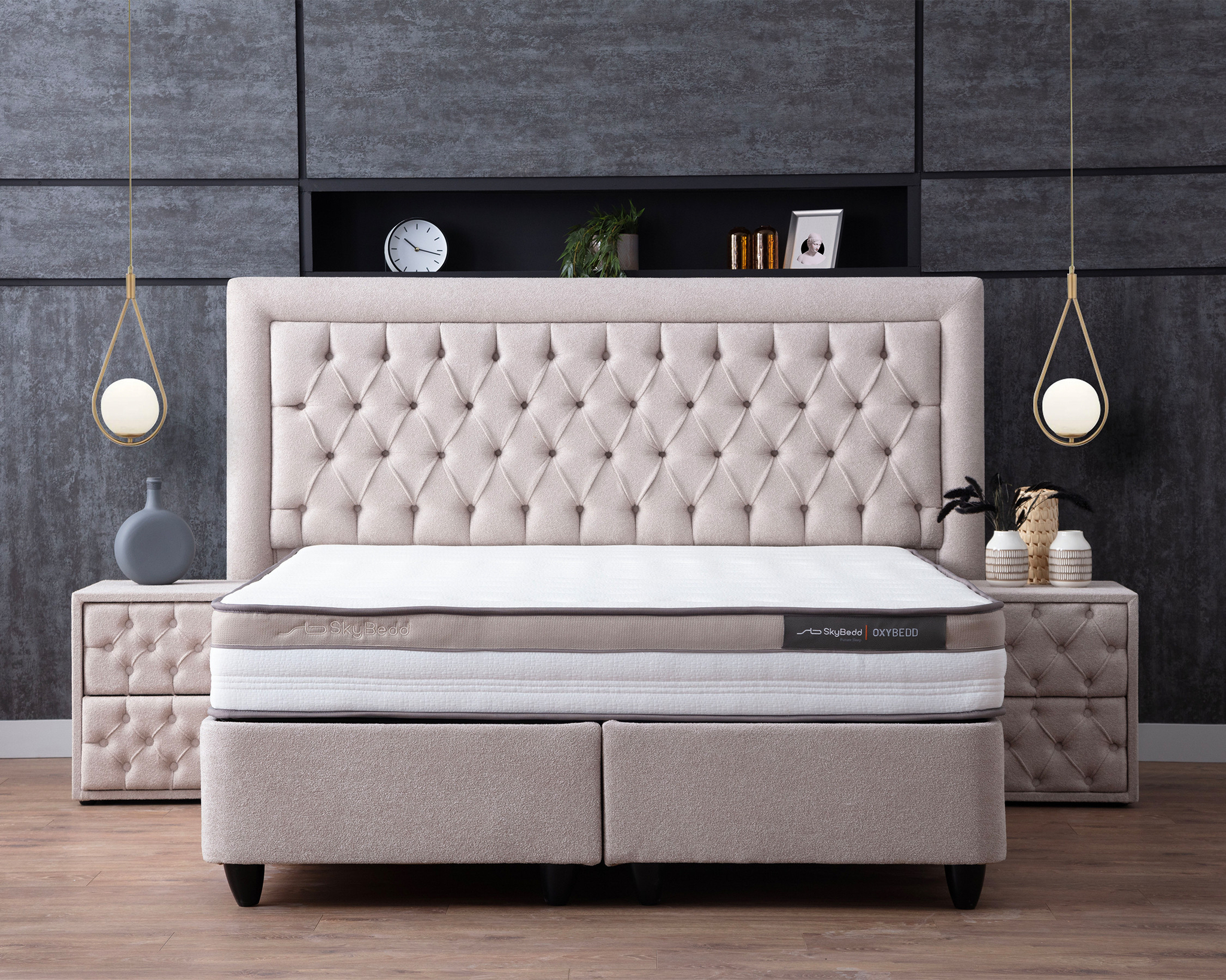 Skybedd Oxybedd boxspring keillel beige 180x200 met gestoffeerd hoofdbord en opbergbasis