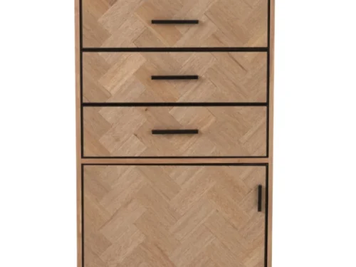 Kast Heisund Zwart 62 cm met zigzagfront, drie lades en open vak, slanke hoge opbergkast