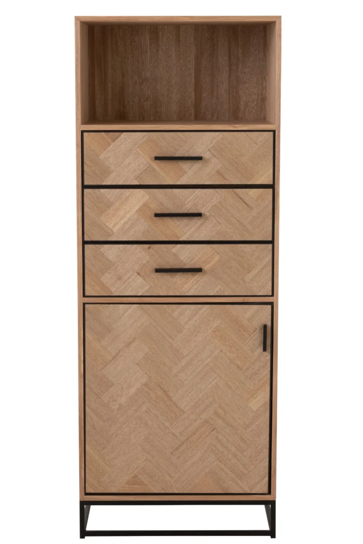 Kast Heisund Zwart 62 cm met zigzagfront, drie lades en open vak, slanke hoge opbergkast